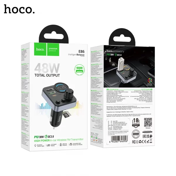 Hoco E86 Alegria 48W Dual Port PD 30W and QC 3.0 Car Bluetooth FM Transmitter