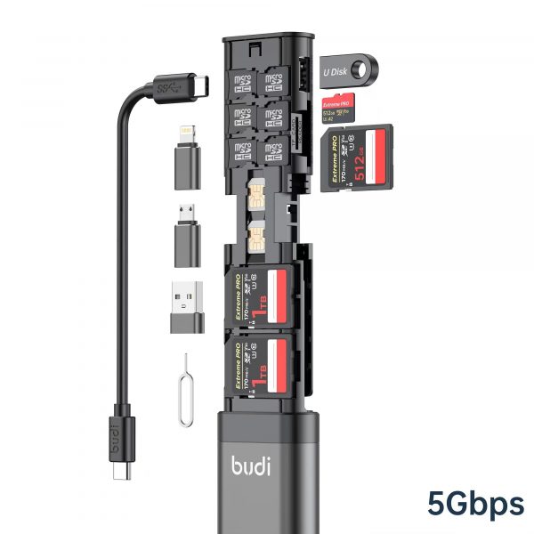 BUDI 9-in-1 USB 3.0 Card Reader Cable, High Speed 5Gbps Data Transfer, Multi-Function SD/TF Card Adapter with OTG Support for iPhone, Android, Computer.