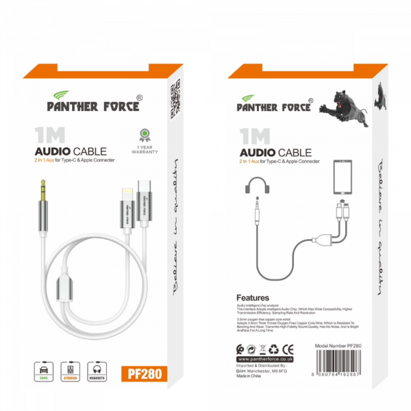 PF280 - Panther Force 1M AUX Cable for Type-C & Apple Connectors